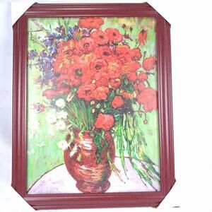 Large Framed Canvas Art Print Red Poppies Flowers Vase Impressionist Decor 28x22